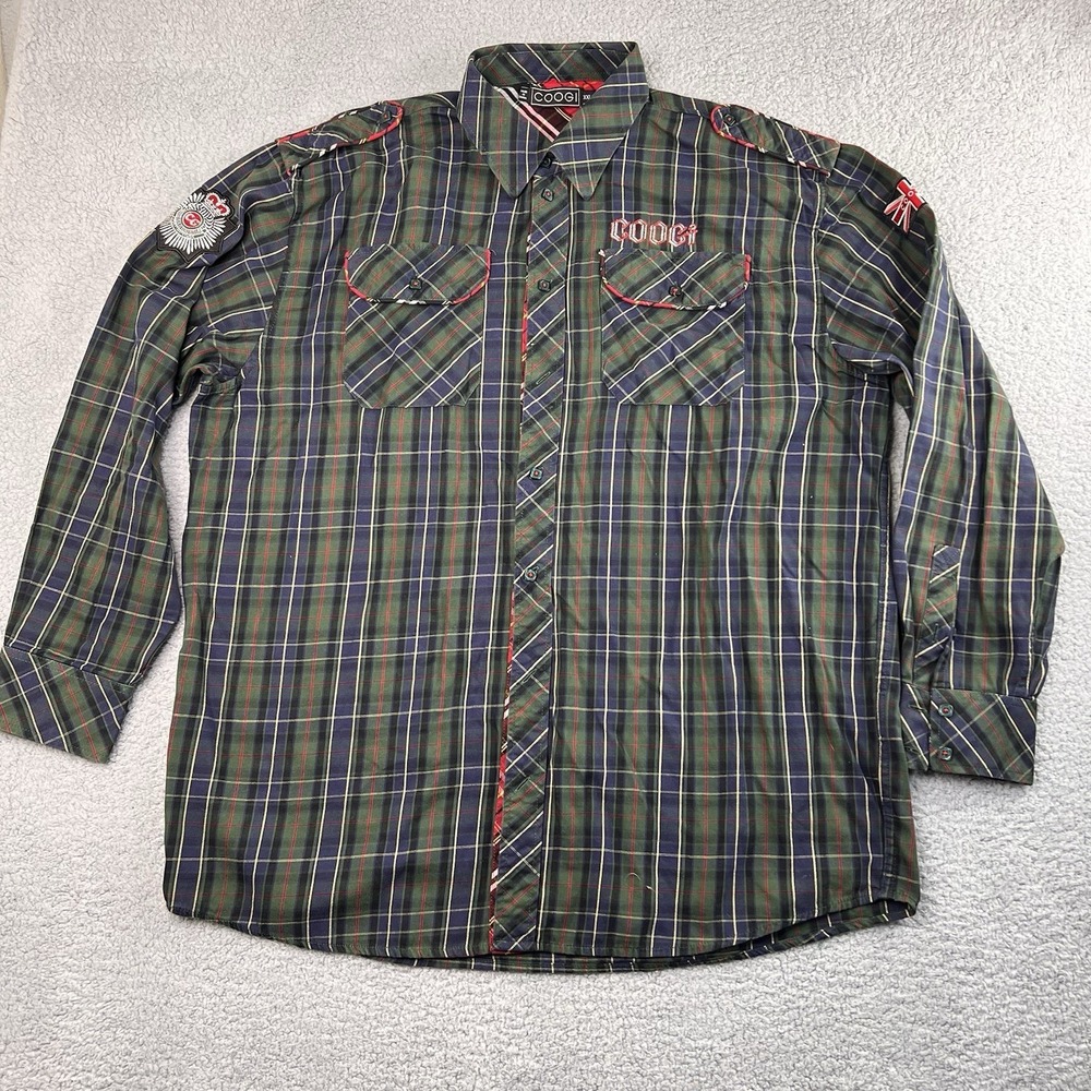 Coogi Mens Button Down Shirt Plaid Union‎ Jack Patches Long Sleeve Pockets XXL